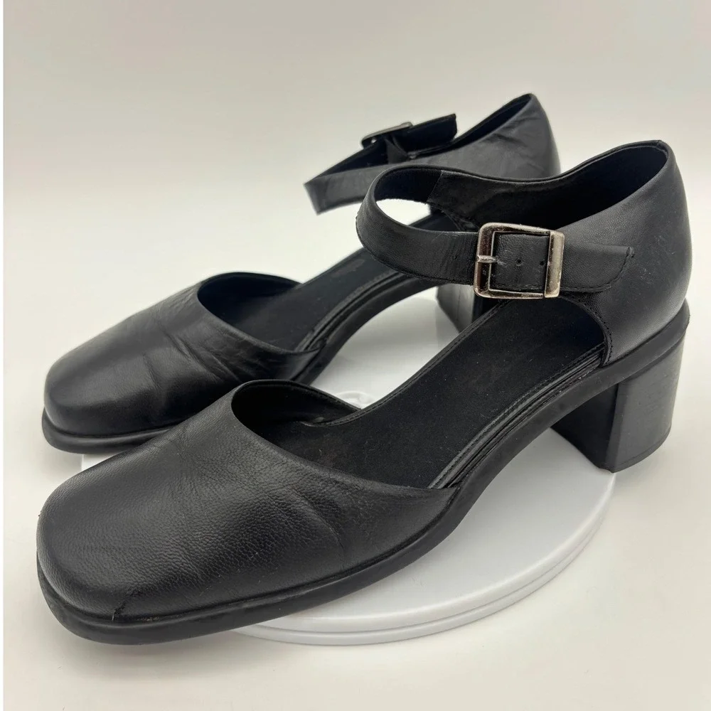 VINTAGE BLACK MARY‎ JANE Leather Shoe Y2K Chunky Block Heel Womens Square Ankle